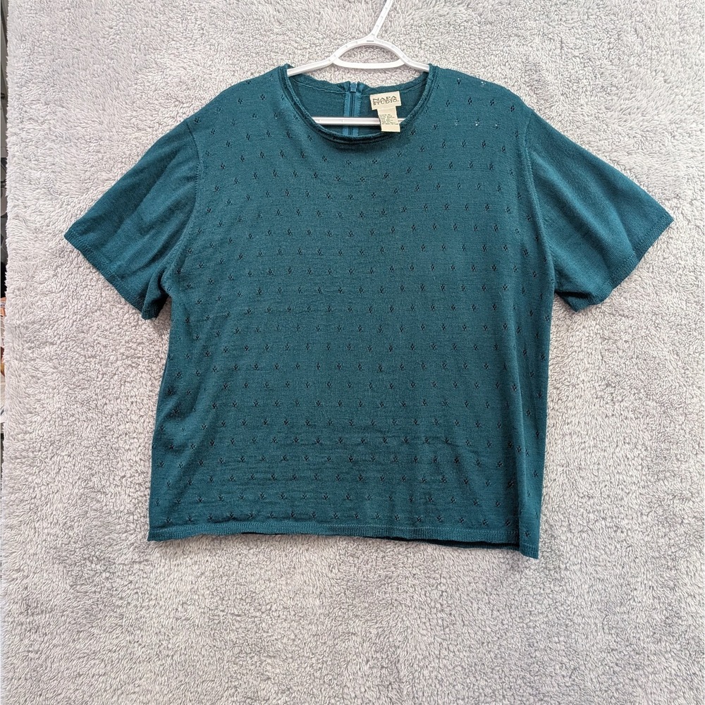 Napa Studio Sweater‎ Women's XL Teal Short Sleeve Pointelle Knit Wool Blend Vtg